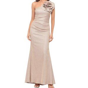 Betsy&Adam Womens Metallic Rosette One Shoulder Gown Dress Pink Gold Size 10 NWT